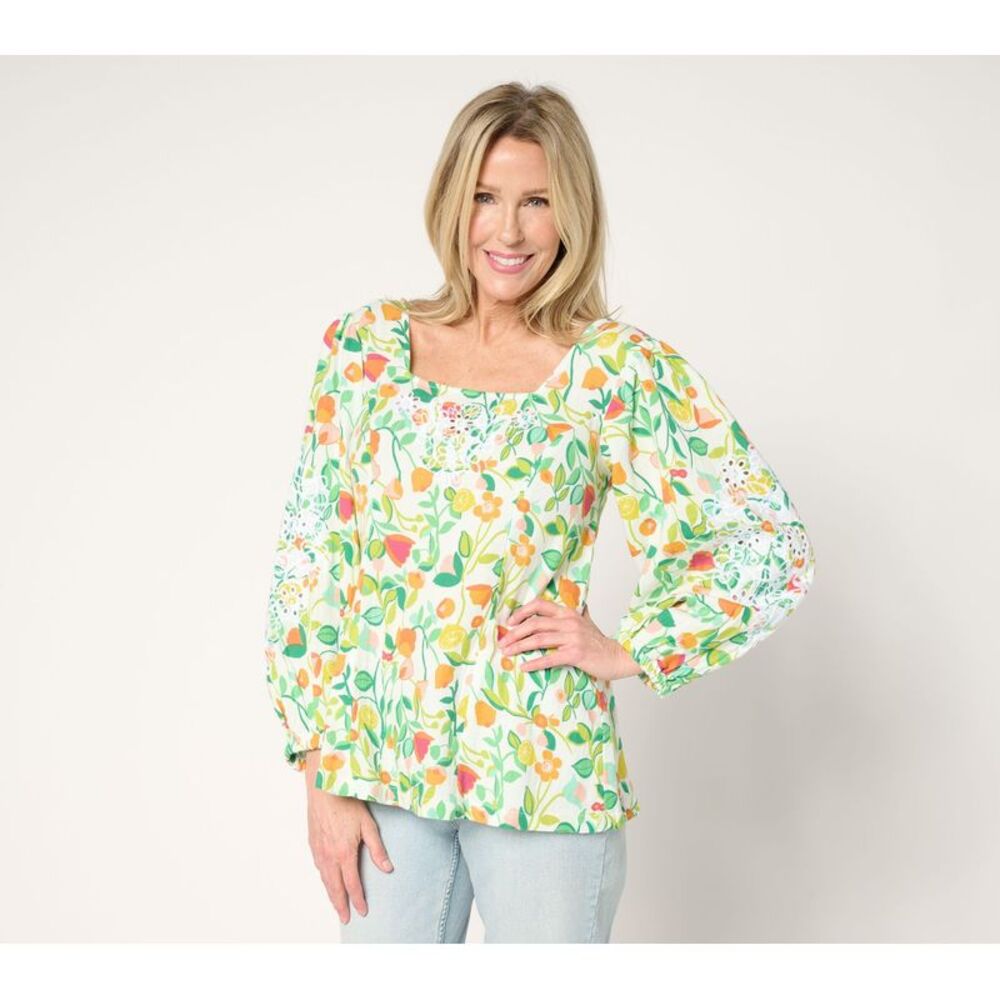 Susan Graver Women's Top Plus Sz 1X PURE Embroidered Multi-colored A684083
